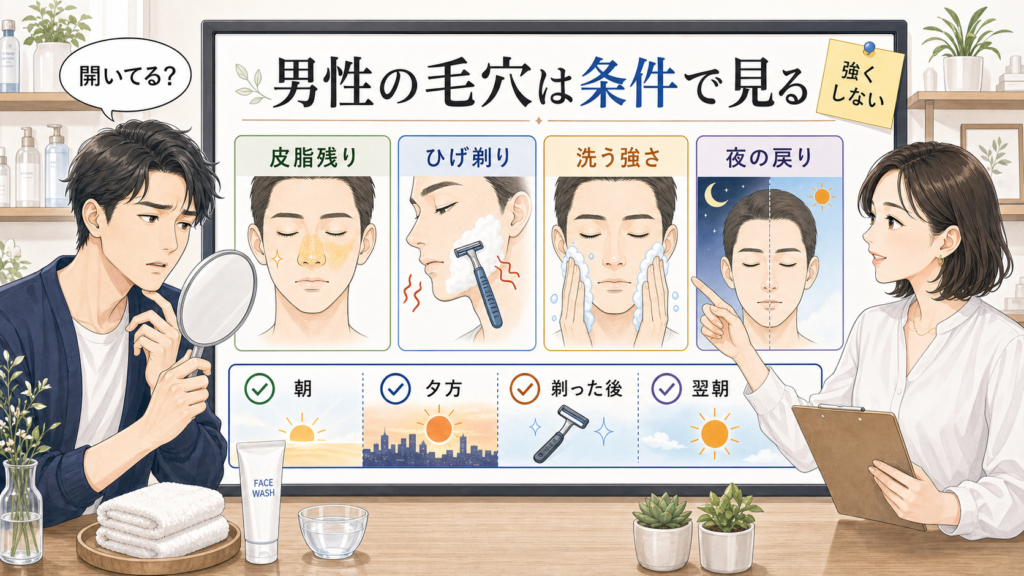男性の開き毛穴を皮脂残り・ひげ剃り・洗う強さ・夜の戻りで整理するイラスト