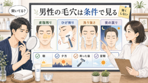 男性の開き毛穴を皮脂残り・ひげ剃り・洗う強さ・夜の戻りで整理するイラスト
