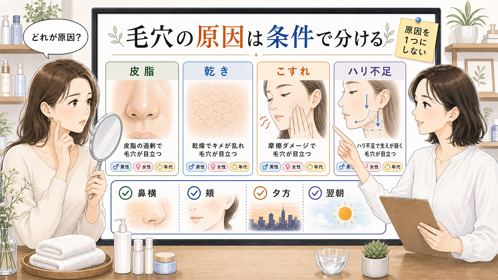 開き毛穴の原因を皮脂・乾き・こすれ・ハリ不足で整理するイラスト