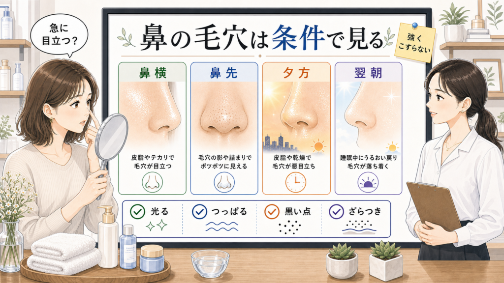 鼻の毛穴開きを鼻横・鼻先・夕方・翌朝で整理するイラスト
