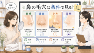鼻の毛穴開きを鼻横・鼻先・夕方・翌朝で整理するイラスト