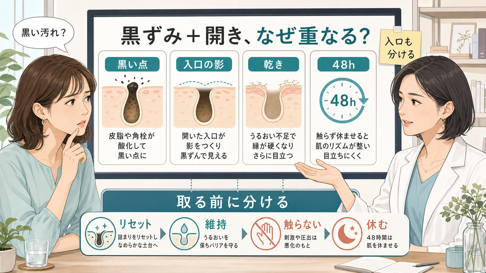 黒ずみと開き毛穴が同時に目立つ理由を黒い点入口の影乾き48時間で整理する相談ボードのアイキャッチ