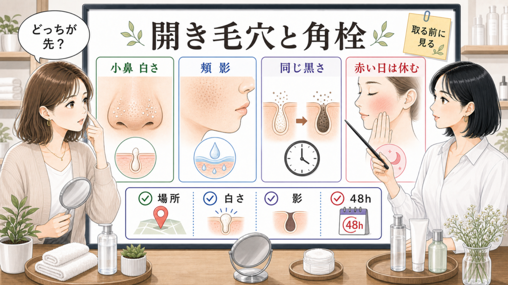 毛穴の開きと角栓が同時に目立つ時の小鼻の白さ、頬の影、戻る黒さを整理した相談ボード
