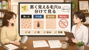 開き毛穴が黒く見える理由を黒い点・穴の影・乾き影・押さない判断で整理するイラスト