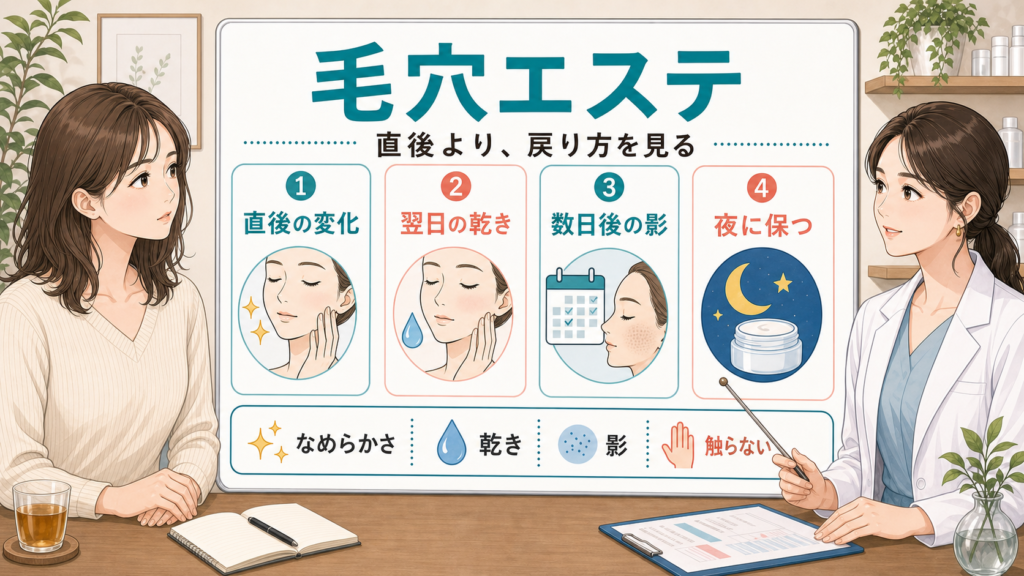 毛穴エステの効果と戻り方を示す美容相談イラスト