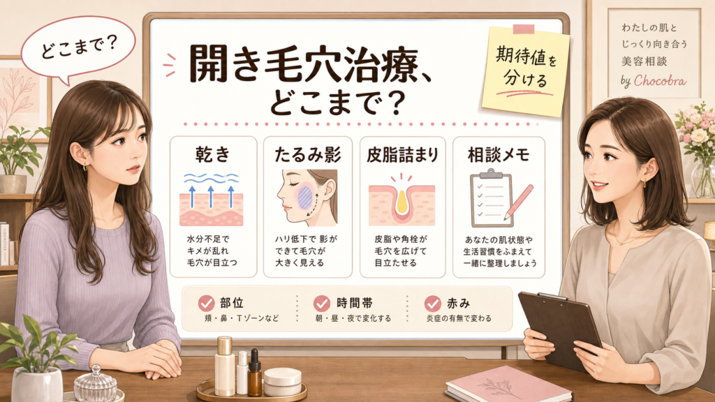 開き毛穴治療の期待値を乾き・たるみ影・皮脂詰まり・相談メモで分ける図解