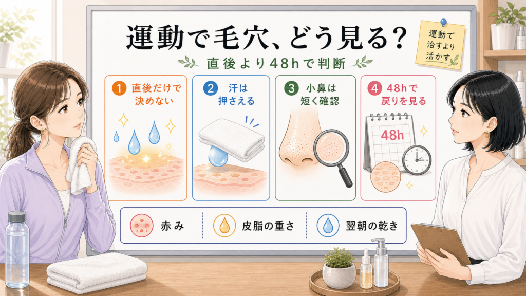 運動後の汗や赤みから毛穴の開きを48時間で判断するイラスト