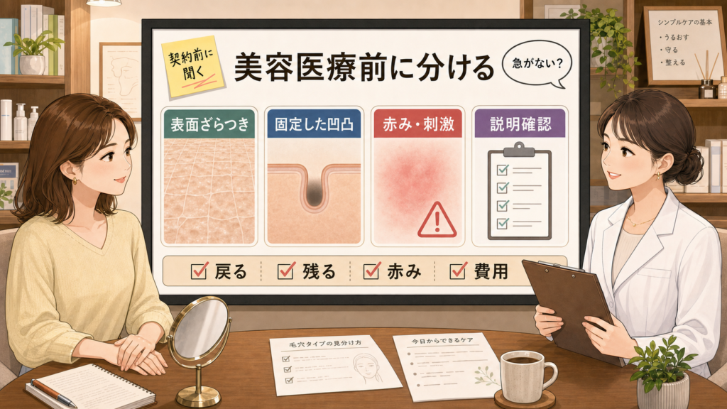 美容医療前に開き毛穴を表面ざらつき・固定した凹凸・赤み刺激・説明確認で整理するイラスト