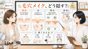 開き毛穴をメイクで隠す方法を凹凸光厚み昼直しで整理する相談ボードのアイキャッチ