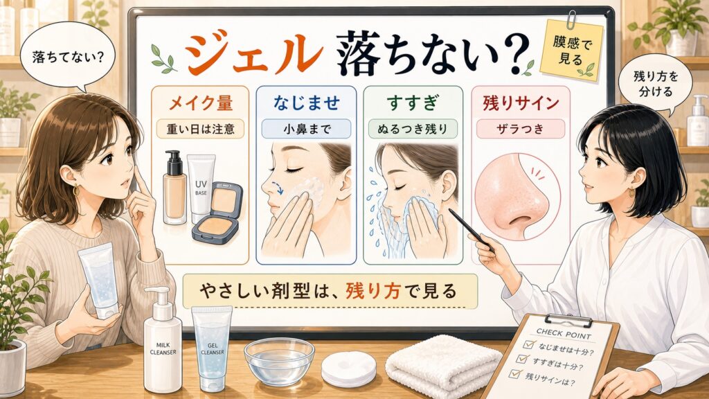 ミルクやジェルのクレンジングが落ちていないと感じる状態を整理するアイキャッチ