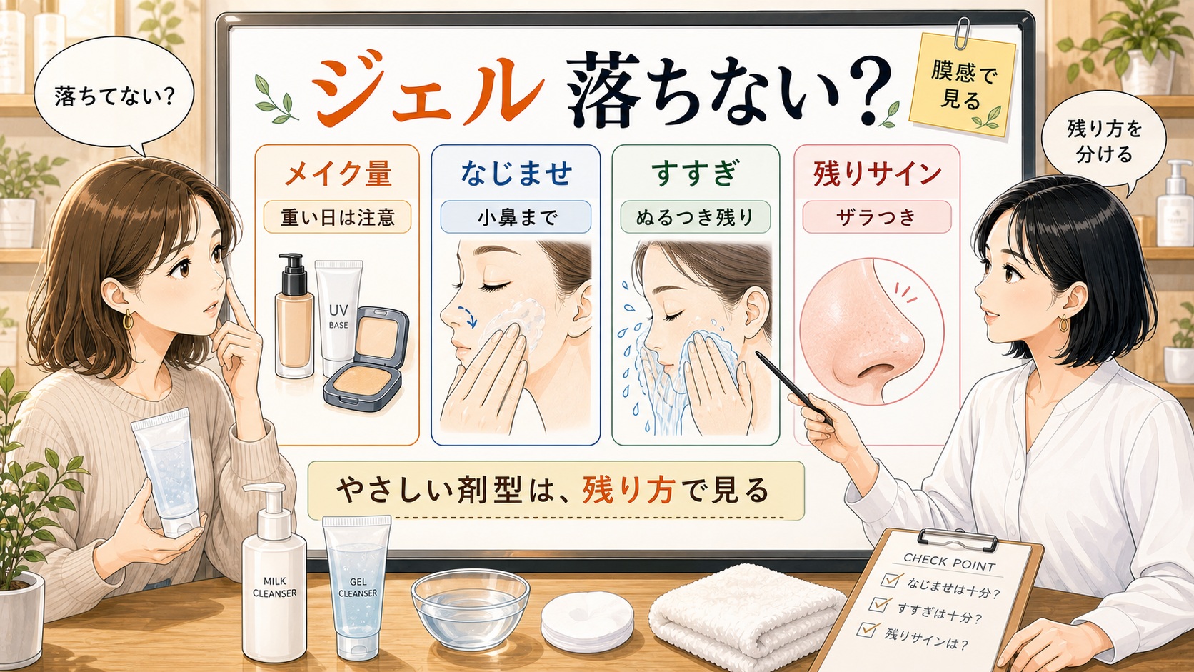 ミルクやジェルのクレンジングが落ちていないと感じる状態を整理するアイキャッチ