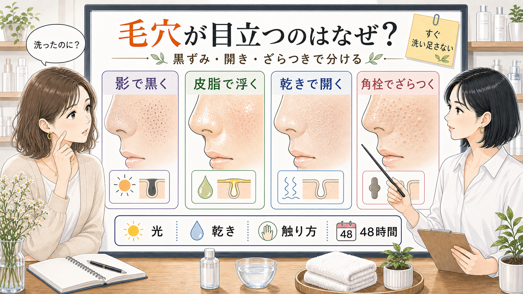 毛穴が目立つ理由を黒ずみ・開き・ざらつきで整理する美容メディア風イラスト