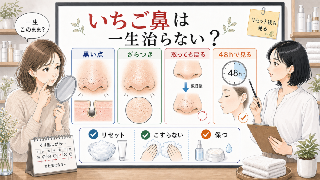 いちご鼻が一生治らないと感じる理由を黒い点と戻り方で分ける美容相談イラスト