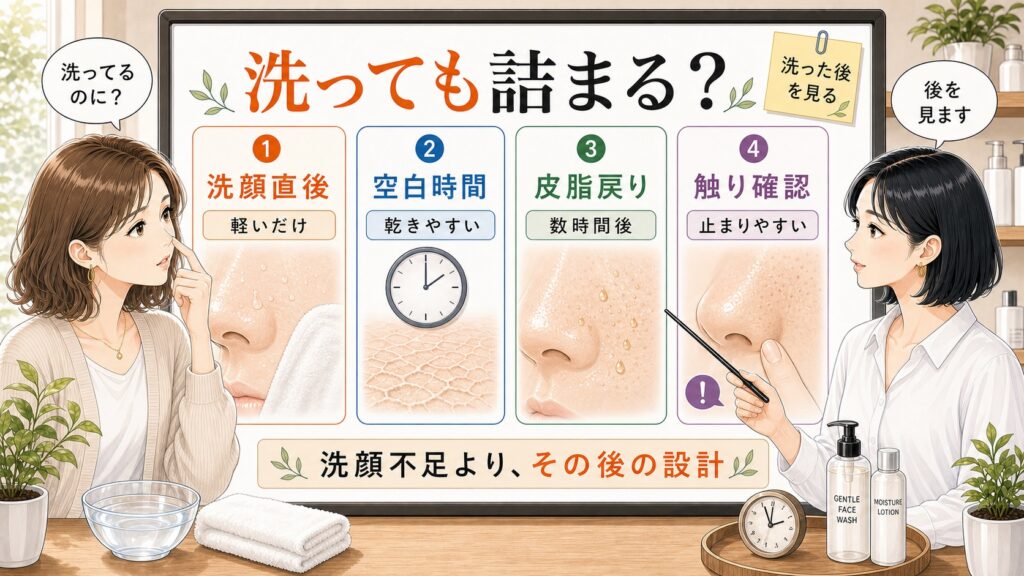 洗顔しているのに毛穴が詰まる原因を洗った後の状態で整理するアイキャッチ