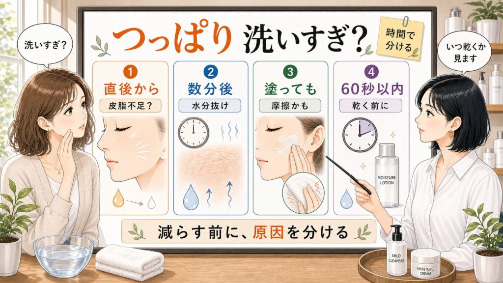 洗顔後のつっぱりを洗いすぎだけでなく時間と原因で整理するアイキャッチ