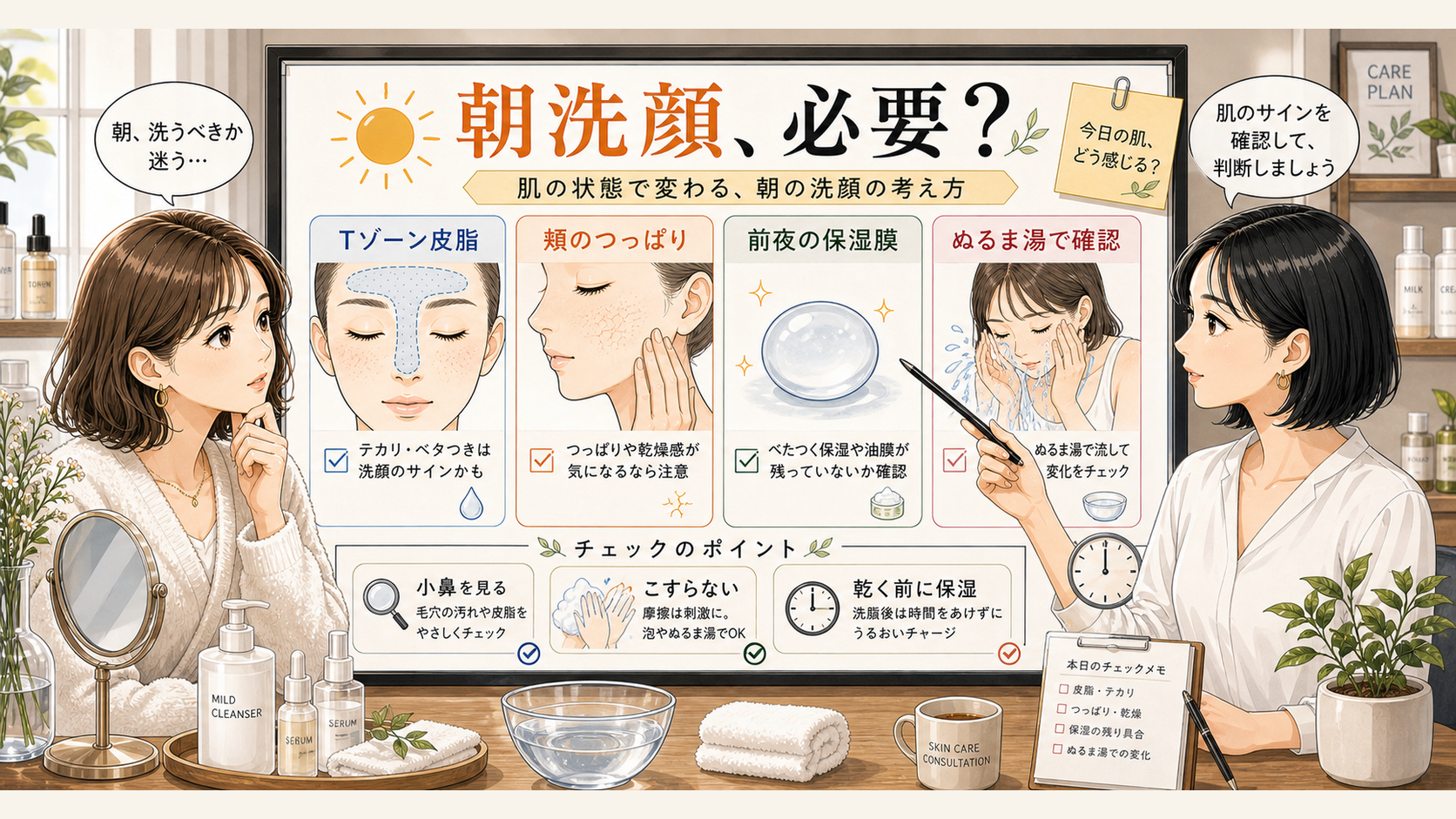 朝洗顔が必要かをTゾーン皮脂や頬のつっぱりで確認するアイキャッチ