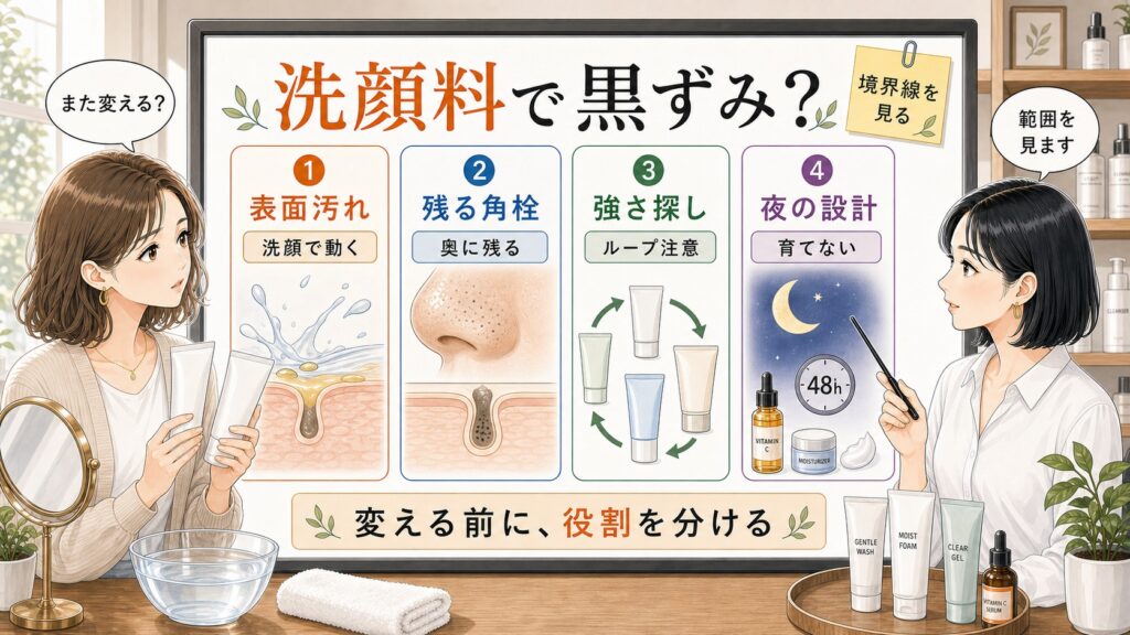 洗顔料を変えても黒ずみが変わらない理由を洗顔の役割と残る角栓で整理するアイキャッチ