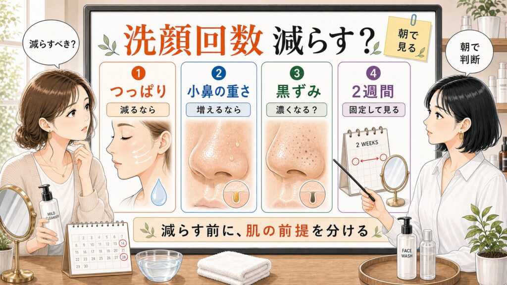 洗顔回数を減らして毛穴が悪化する人と改善する人の違いを朝の肌状態で整理するアイキャッチ