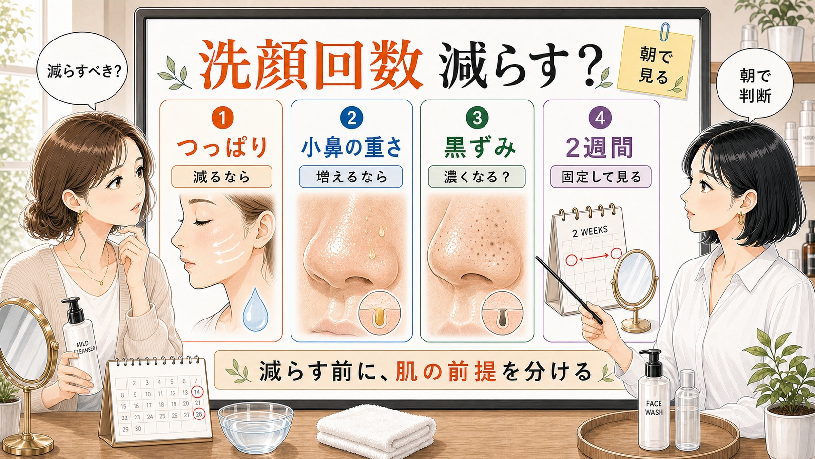 洗顔回数を減らして毛穴が悪化する人と改善する人の違いを朝の肌状態で整理するアイキャッチ