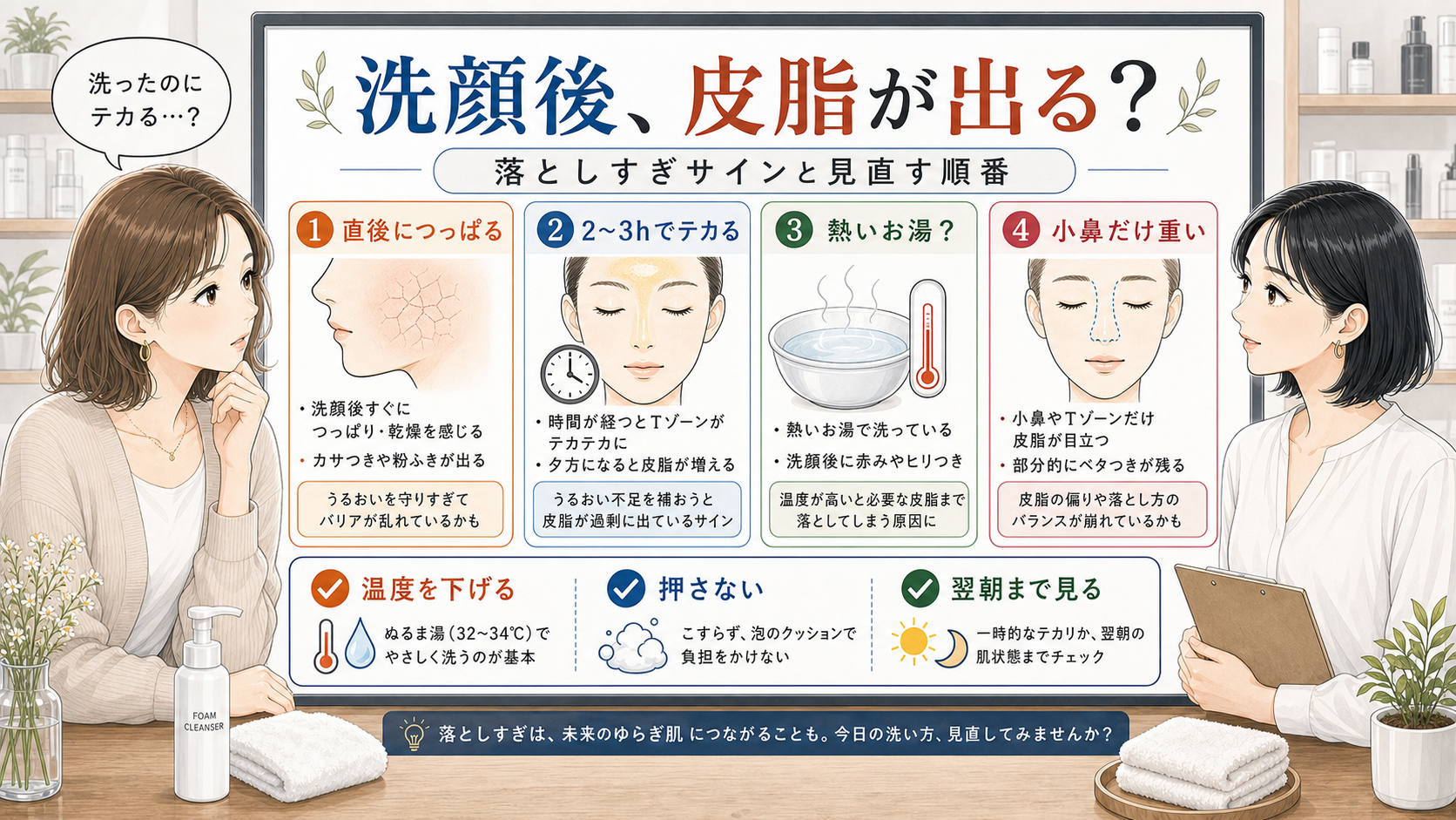 洗顔後に皮脂が出る時の落としすぎサインと見直す順番を示す美容相談ボード