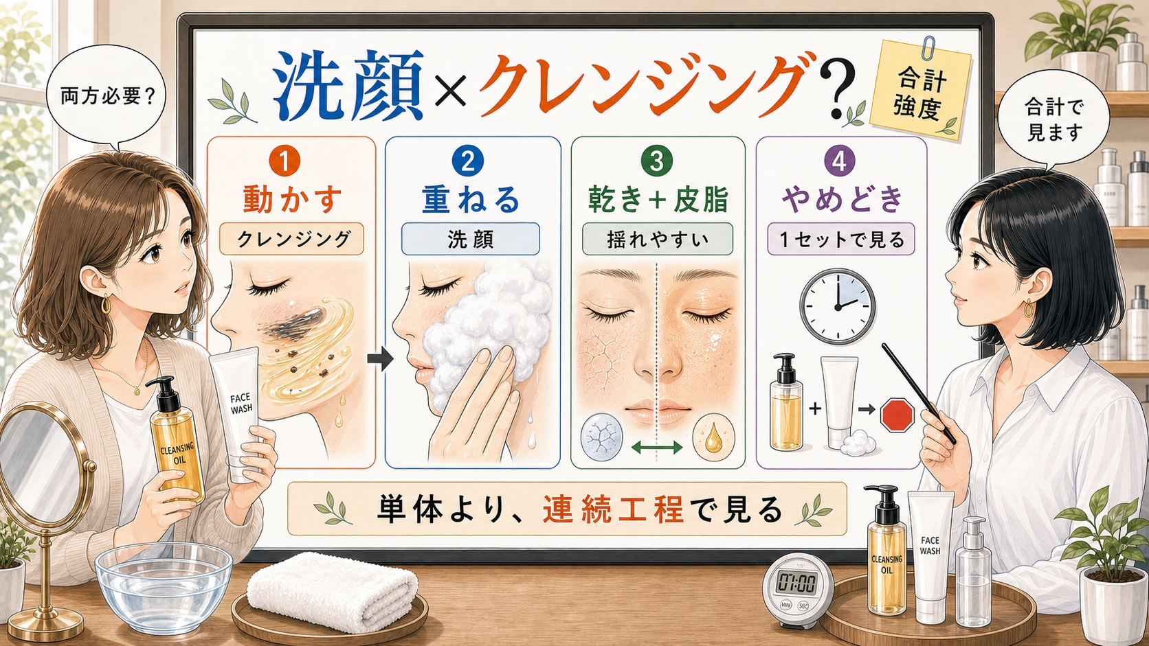洗顔とクレンジングの組み合わせを合計強度と連続工程で整理するアイキャッチ