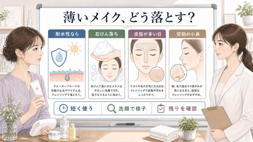 薄いメイクの日にクレンジングが必要か洗顔で済むかを見分ける美容メディア風アイキャッチ