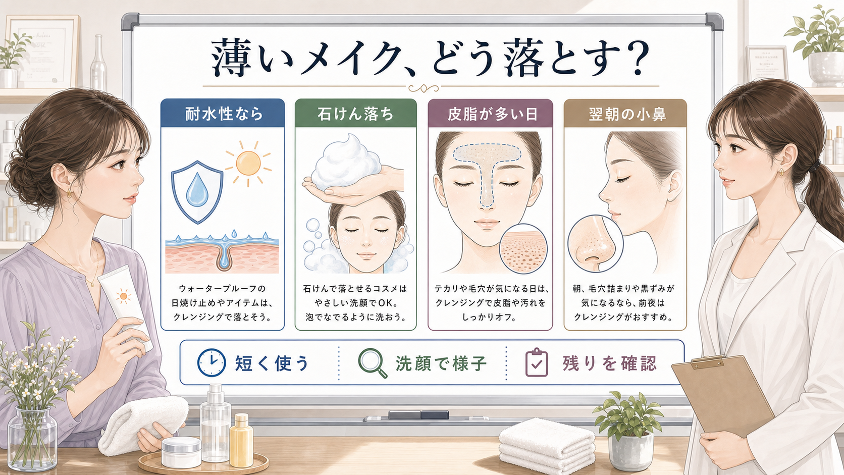 薄いメイクの日にクレンジングが必要か洗顔で済むかを見分ける美容メディア風アイキャッチ