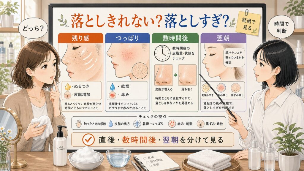 落としきれないと落としすぎの境界線を、残り感・つっぱり・数時間後・翌朝で見分ける相談ボード風イラスト