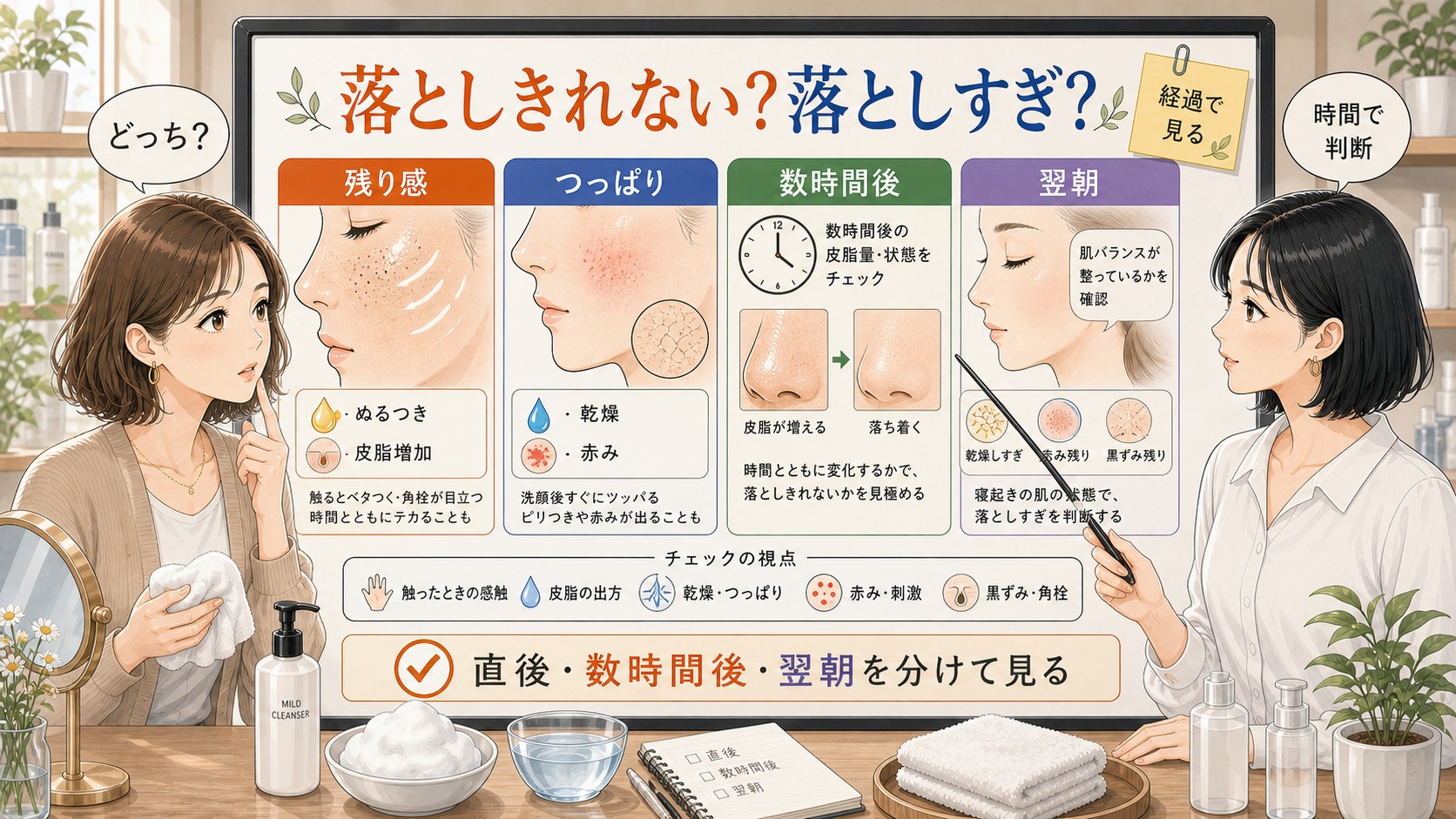 落としきれないと落としすぎの境界線を、残り感・つっぱり・数時間後・翌朝で見分ける相談ボード風イラスト