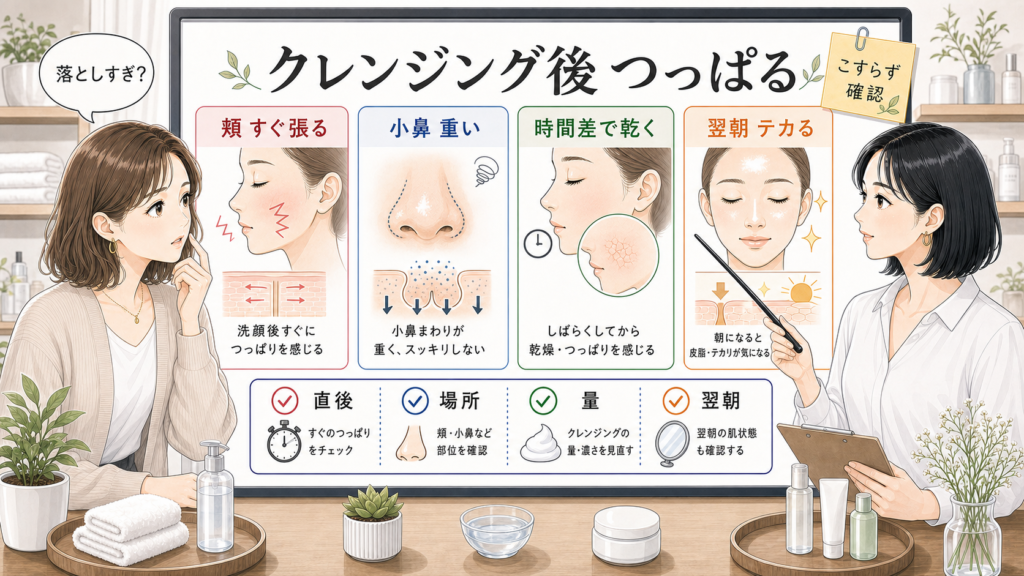 クレンジング後につっぱる肌感覚を頬・小鼻・時間差・翌朝で確認する図解
