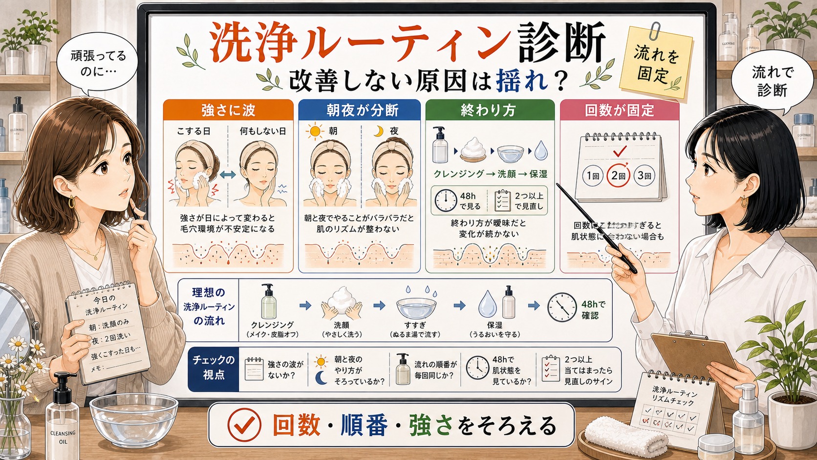 毛穴が改善しない人の洗浄ルーティンを、強さの波・朝夜の分断・終わり方・回数で診断する相談ボード風イラスト