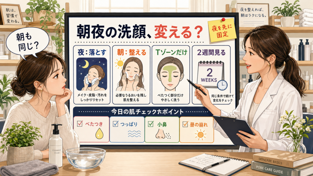 朝夜の洗顔を変えるかを夜・朝・Tゾーン・2週間チェックで整理する美容相談ボード