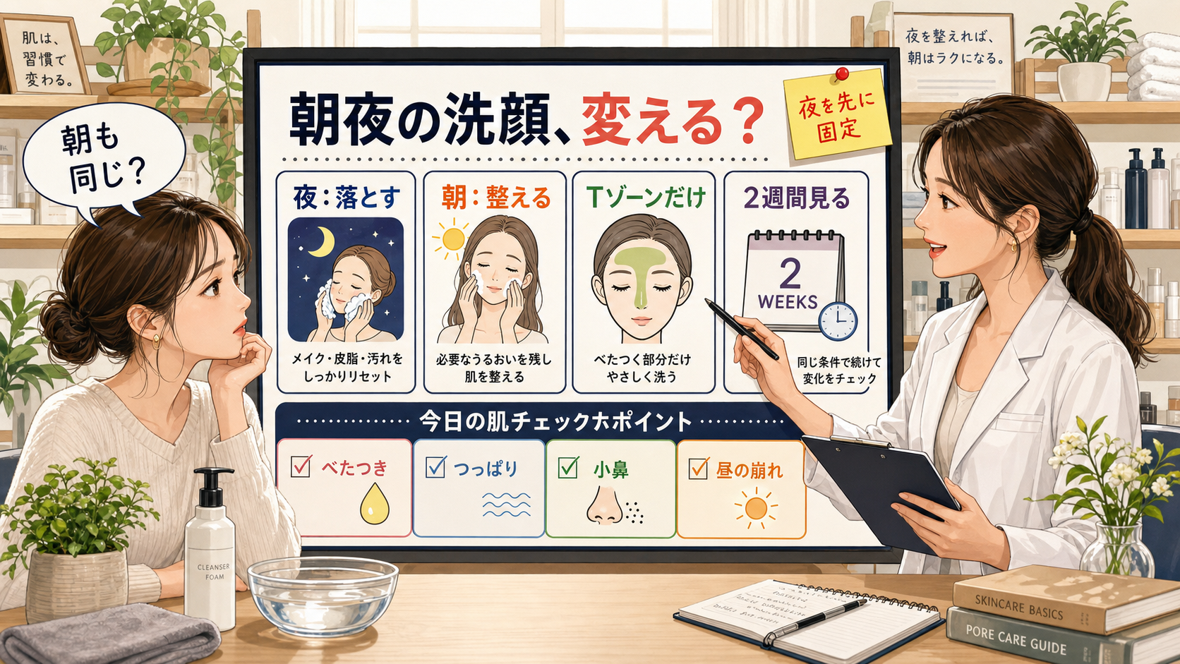 朝夜の洗顔を変えるかを夜・朝・Tゾーン・2週間チェックで整理する美容相談ボード