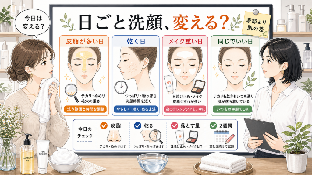 日ごとに洗顔を変えるかを皮脂・乾き・落とす量・2週間チェックで整理する美容相談ボード