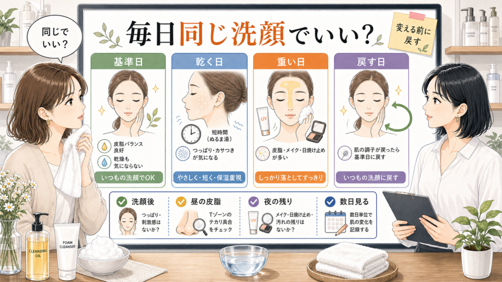 毎日同じ洗顔でいいかを基準日・乾く日・重い日・戻す日で整理する美容相談ボード