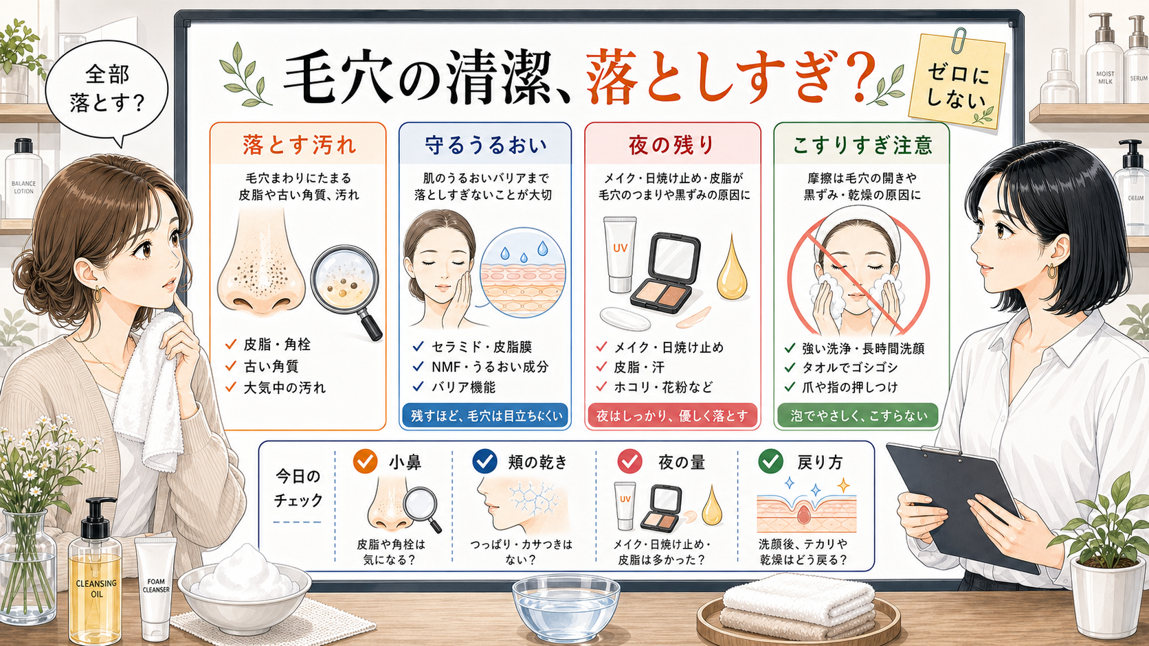 毛穴の皮脂汚れを落とす汚れ・守るうるおい・夜の残り・こすりすぎ注意で整理する美容相談ボード