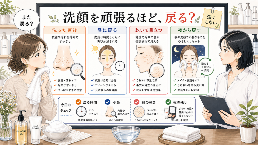 洗顔を頑張るほど毛穴が戻る理由を洗った直後・昼に戻る・乾いて目立つ・夜から戻すで整理する美容相談ボード