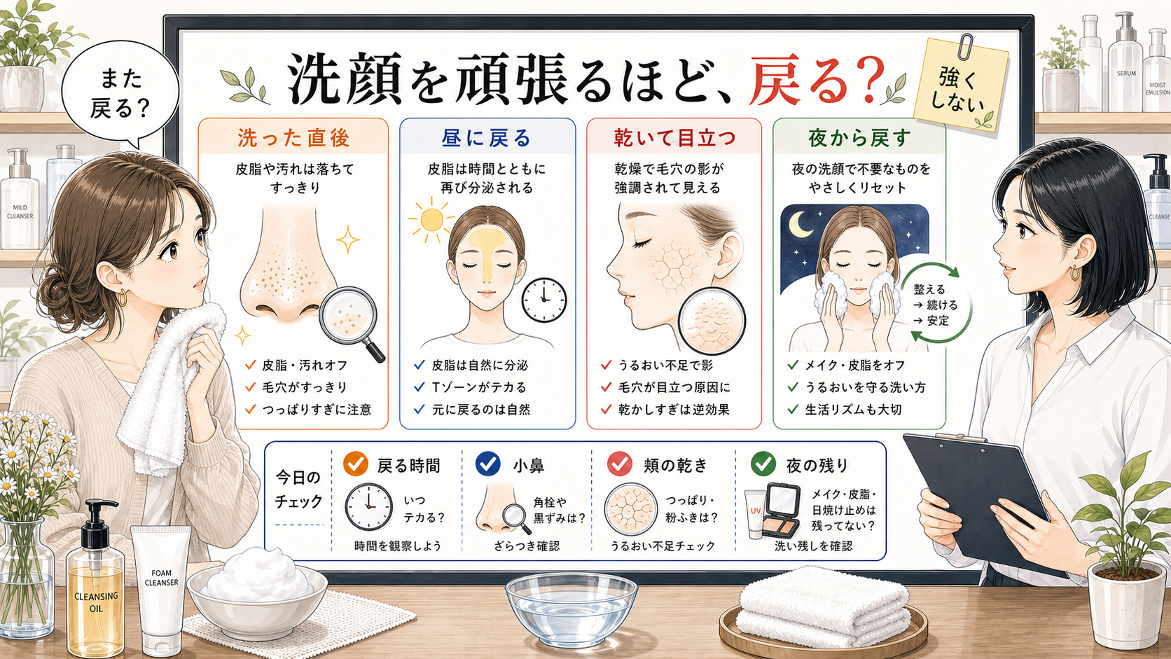洗顔を頑張るほど毛穴が戻る理由を洗った直後・昼に戻る・乾いて目立つ・夜から戻すで整理する美容相談ボード
