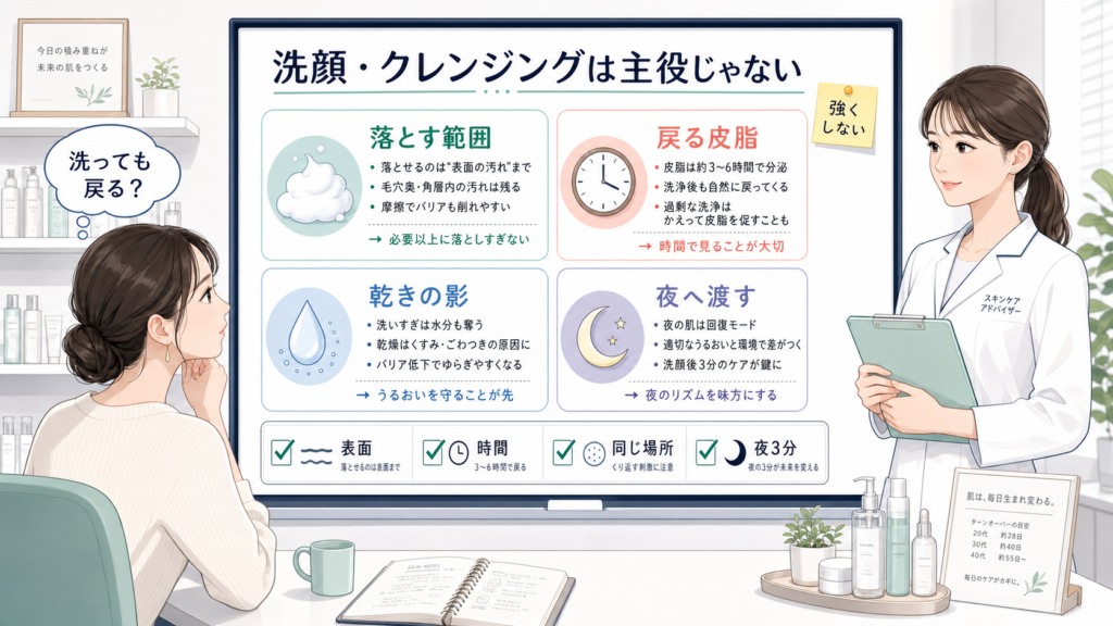 洗顔とクレンジングは毛穴ケアの主役ではないことを落とす範囲・戻る皮脂・乾きの影・夜へ渡すで整理する美容相談ボード