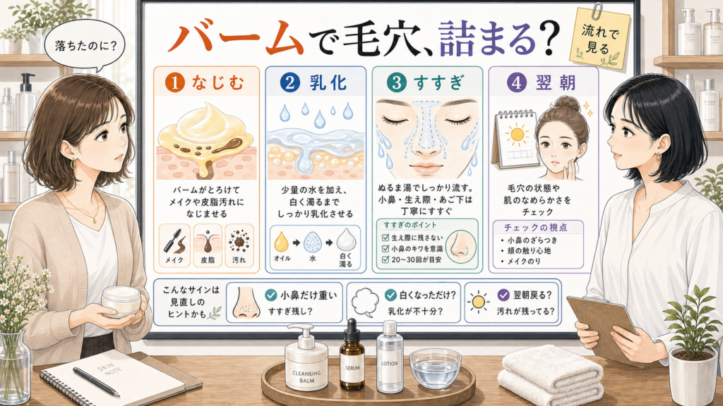 クレンジングバームで毛穴が詰まる時の乳化とすすぎを整理した相談室風ホワイトボード