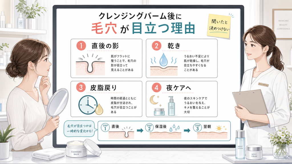 クレンジングバーム後に毛穴が目立つ理由を直後の影、乾き、皮脂戻り、夜ケアで整理する白ボード比較イラスト