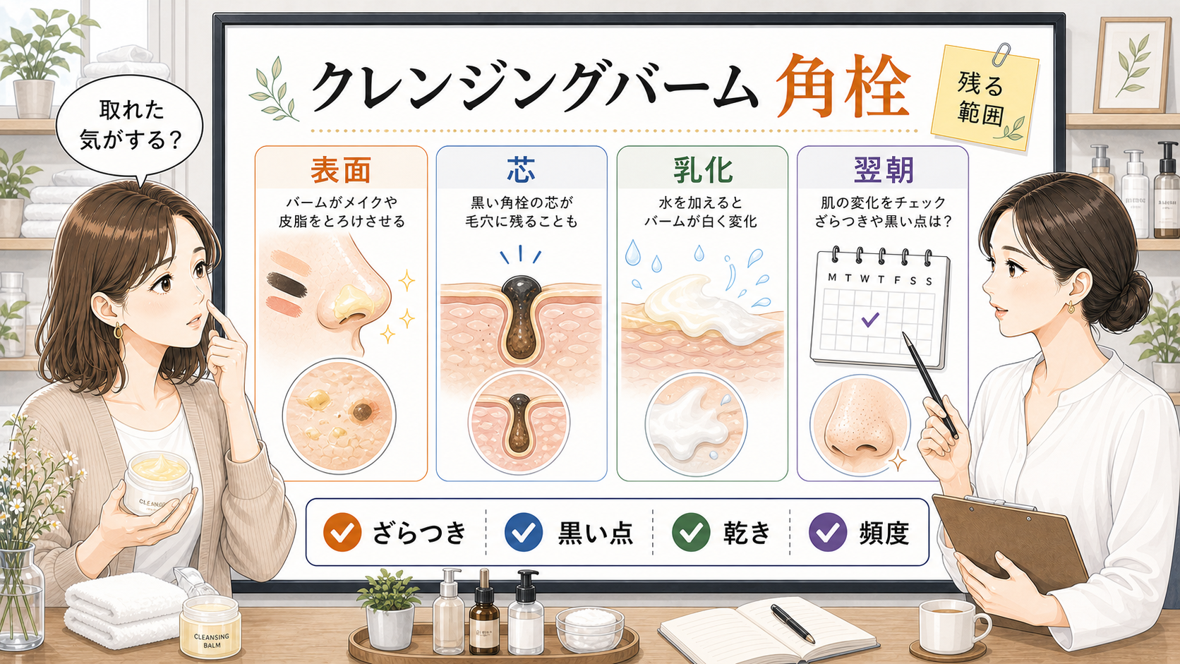クレンジングバームで角栓が動く範囲を表面・芯・乳化・翌朝で整理する解説