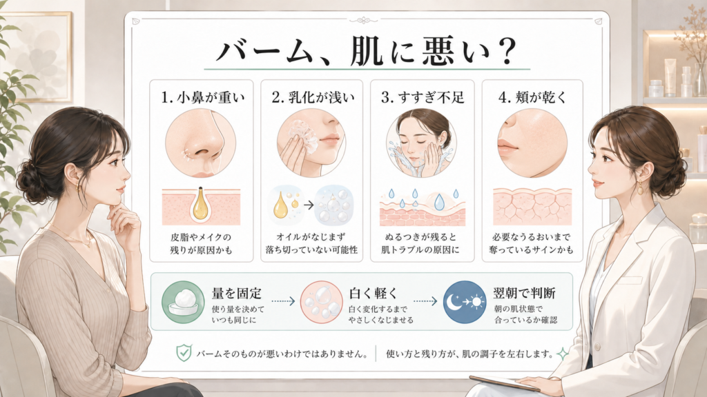 クレンジングバームが肌に悪いと感じる条件を乳化やすすぎで確認する白ボード
