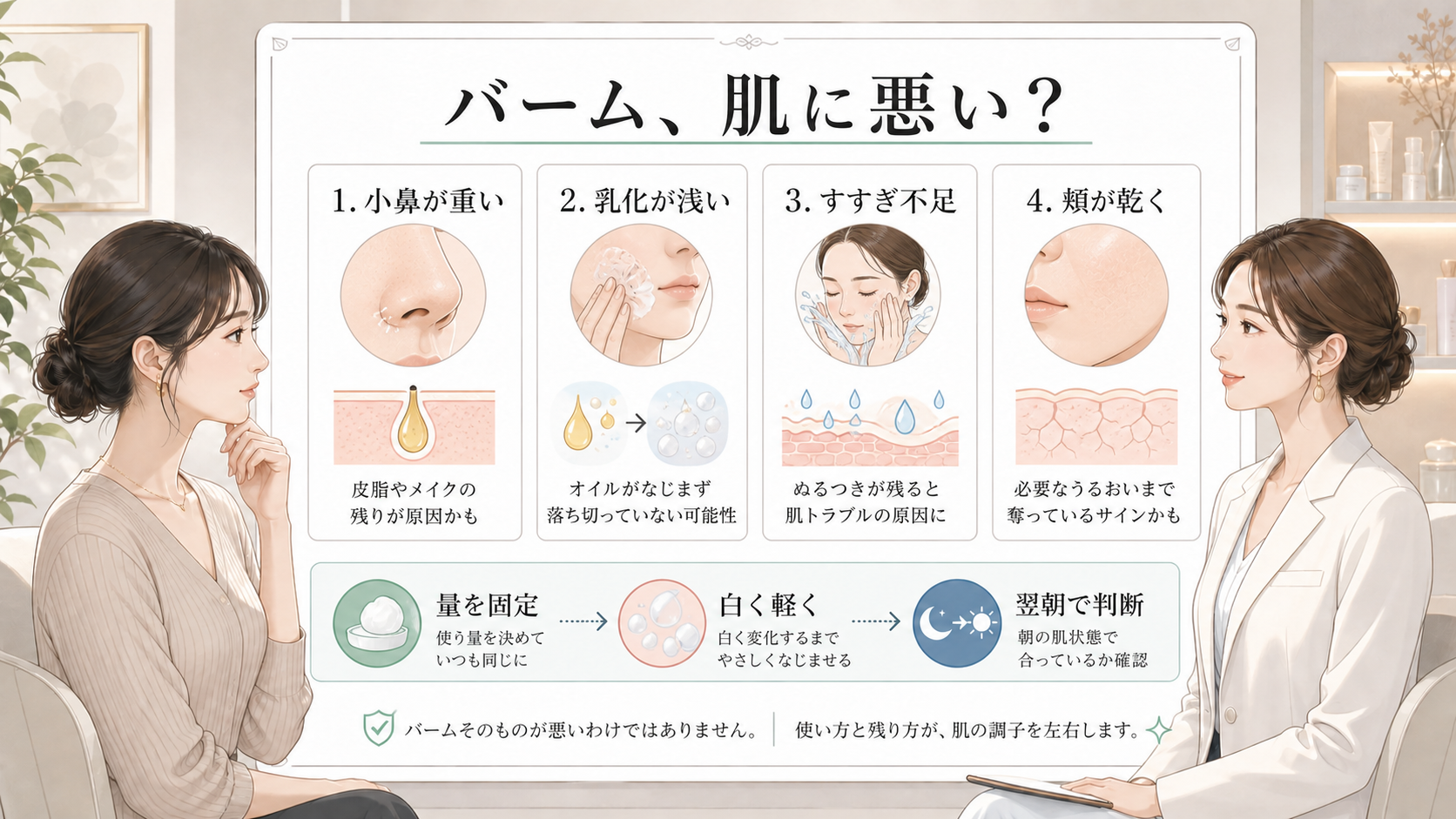 クレンジングバームが肌に悪いと感じる条件を乳化やすすぎで確認する白ボード