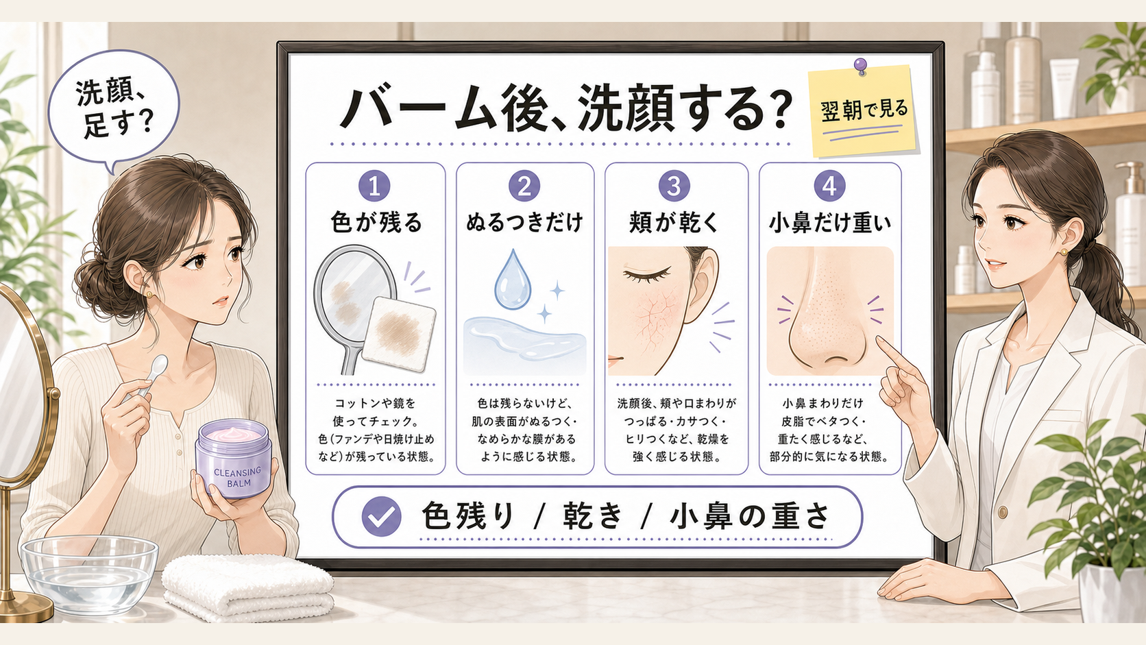 クレンジングバーム後に洗顔を足すか、色残り・ぬるつき・乾き・小鼻の重さで整理した美容メディア風イラスト
