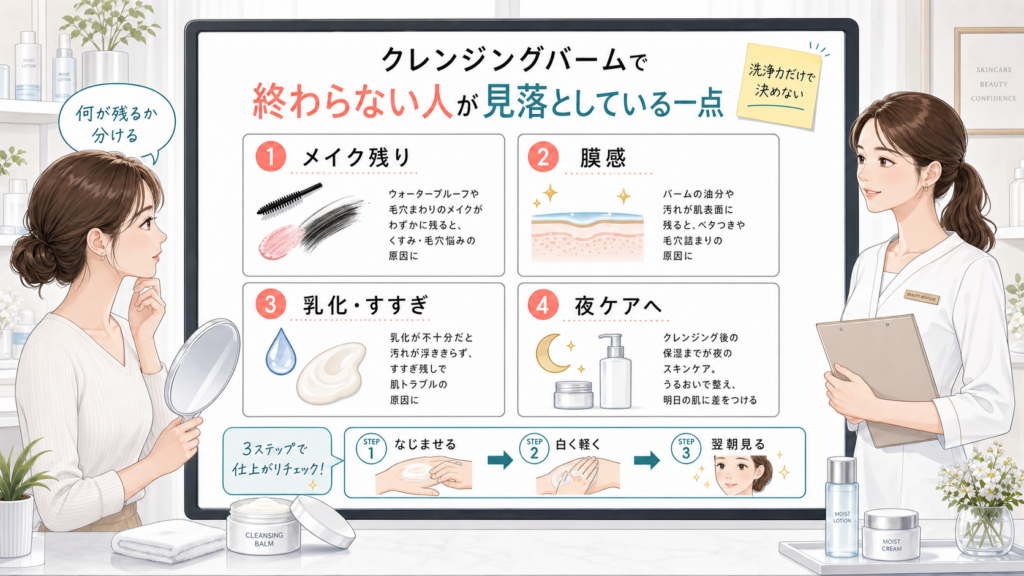 クレンジングバームが落ちない時のメイク残り、膜感、乳化とすすぎ、夜ケアを整理する白ボード比較イラスト