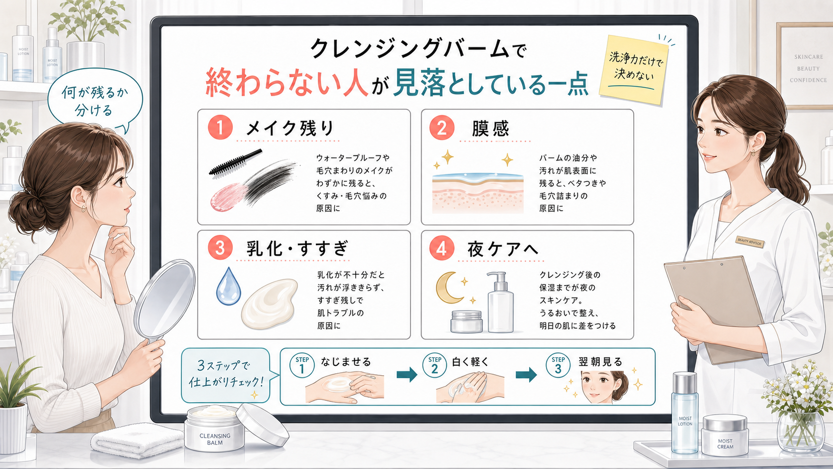 クレンジングバームが落ちない時のメイク残り、膜感、乳化とすすぎ、夜ケアを整理する白ボード比較イラスト