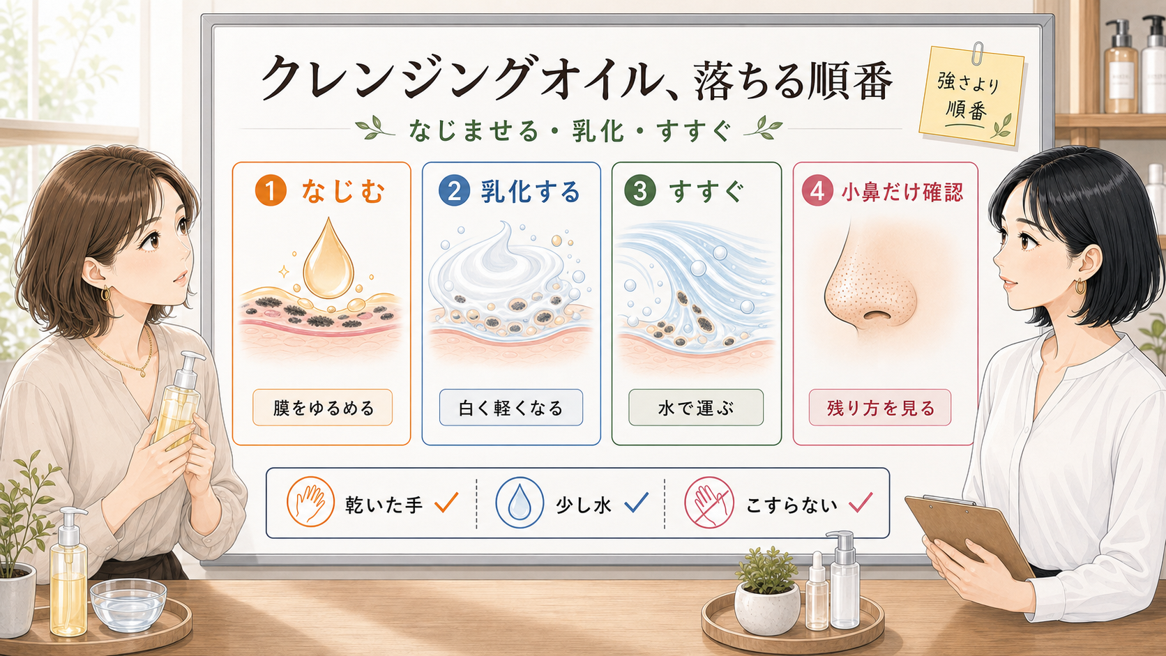 クレンジングオイルでメイクが落ちる順番を比較するイラスト