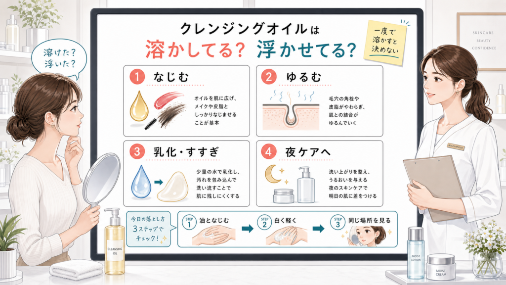 クレンジングオイルが角栓を溶かすのか浮かせるのかを、なじむ、ゆるむ、乳化すすぎ、夜ケアで整理する白ボード比較イラスト