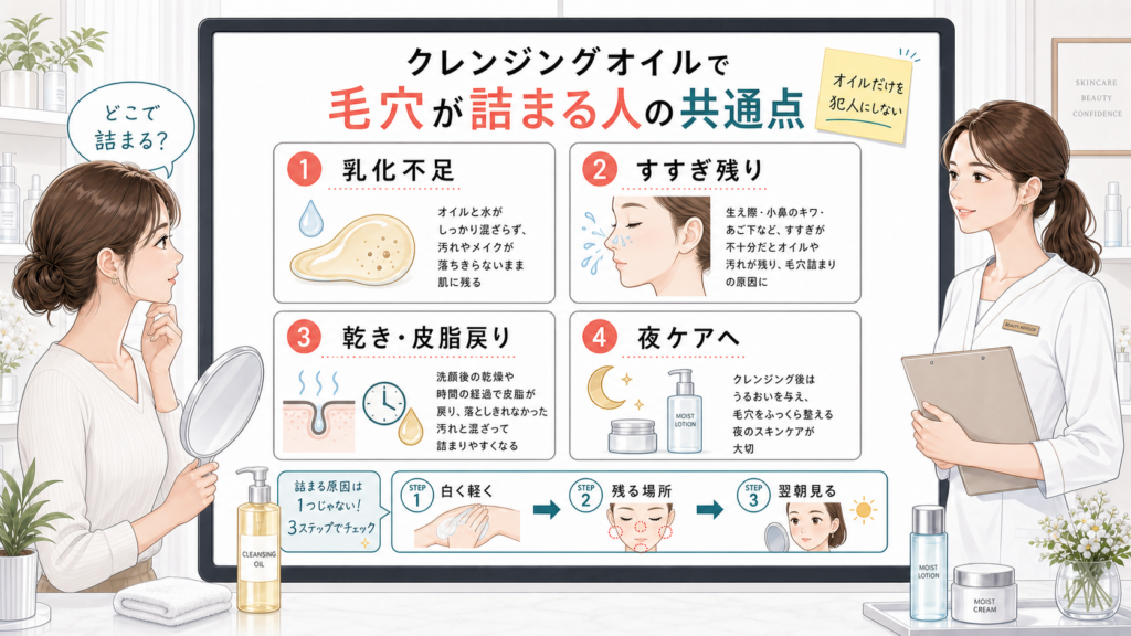 オイルクレンジングで毛穴が詰まる人の共通点を乳化不足、すすぎ残り、乾きと皮脂戻り、夜ケアで整理する白ボード比較イラスト